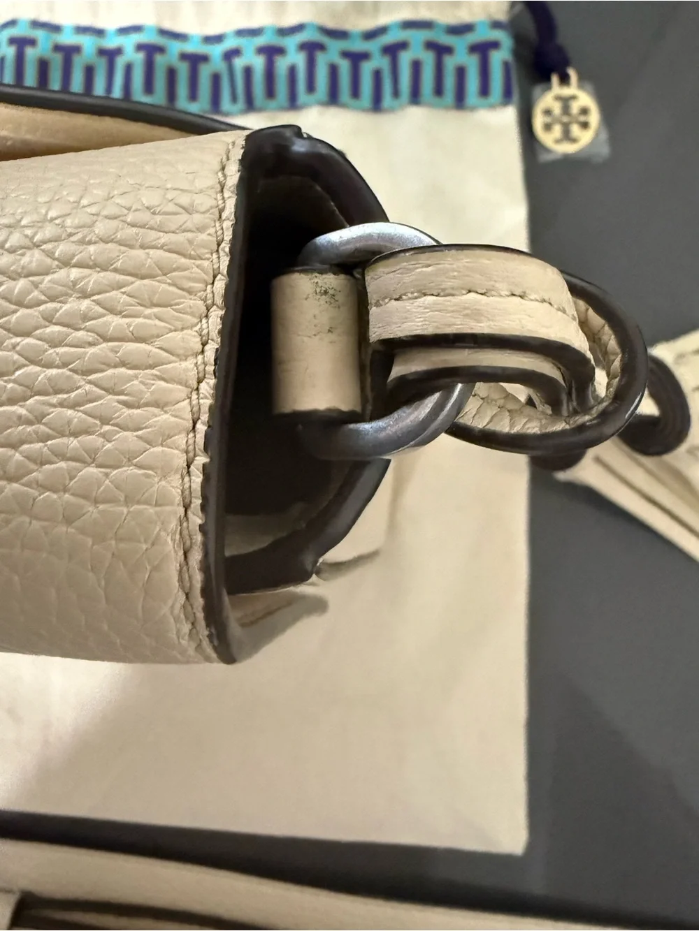 Tory Burch Cream Pebbled Leather Crossbody with Tassel(barely used)